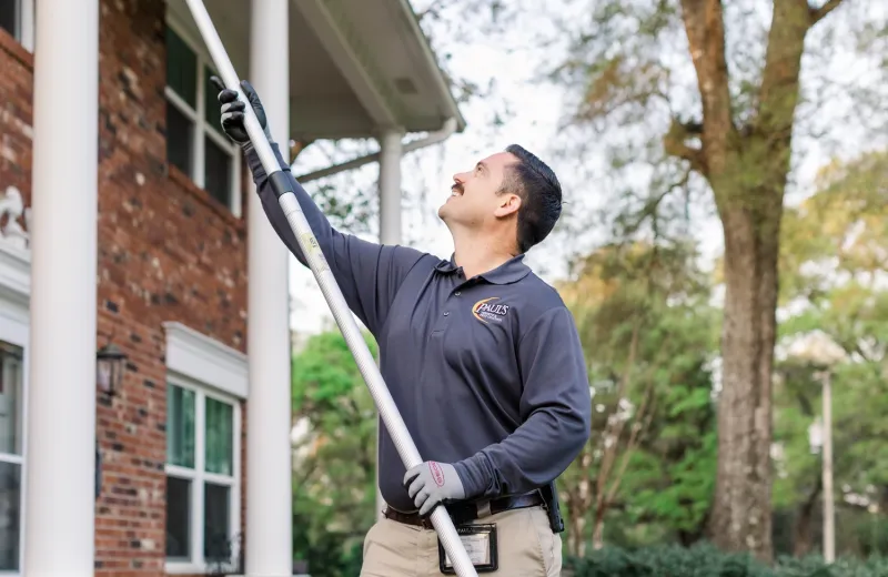 exterminator applying stinging insect treatment