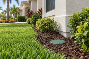 Green termite monitoring station installed beside a Florida house foundation